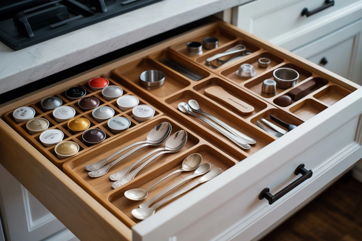 Organized drawer with compartments for coffee supplies