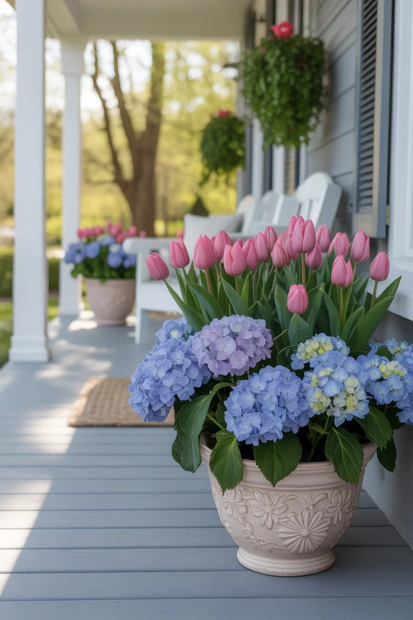 Spring porch with large potted tulips and hydrangeas