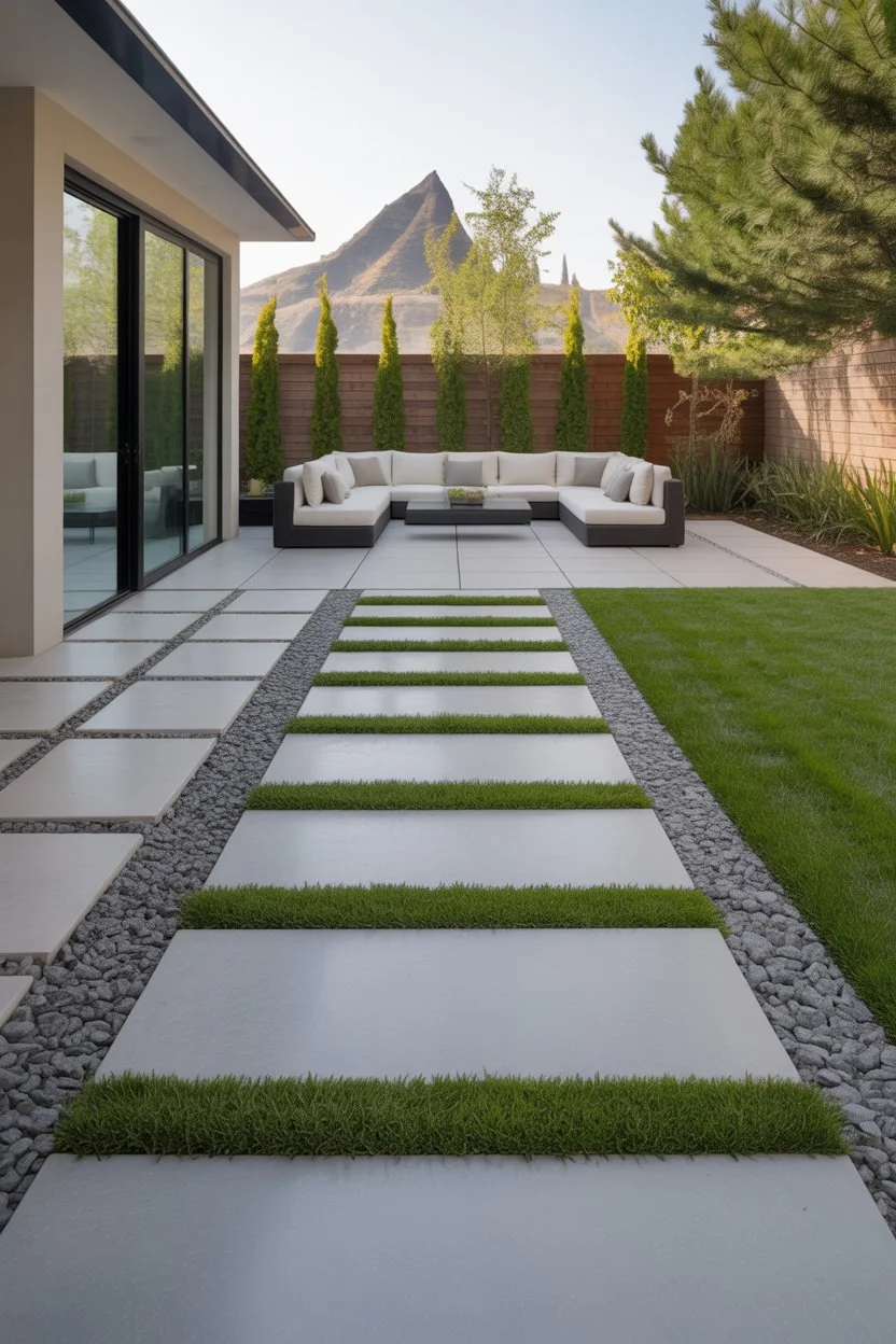 Modern paver patio with grass strips and gravel borders