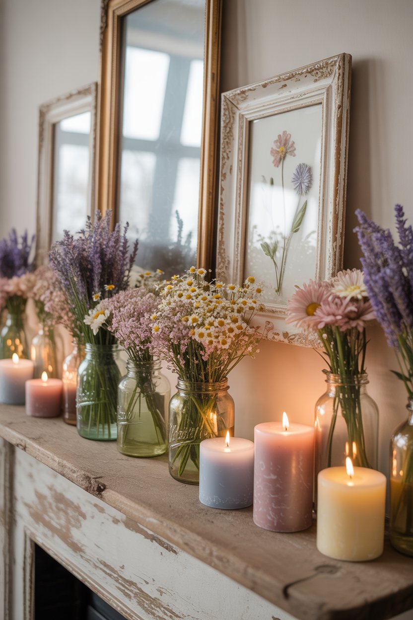 Fireplace mantel with cottagecore style, wildflowers in vases