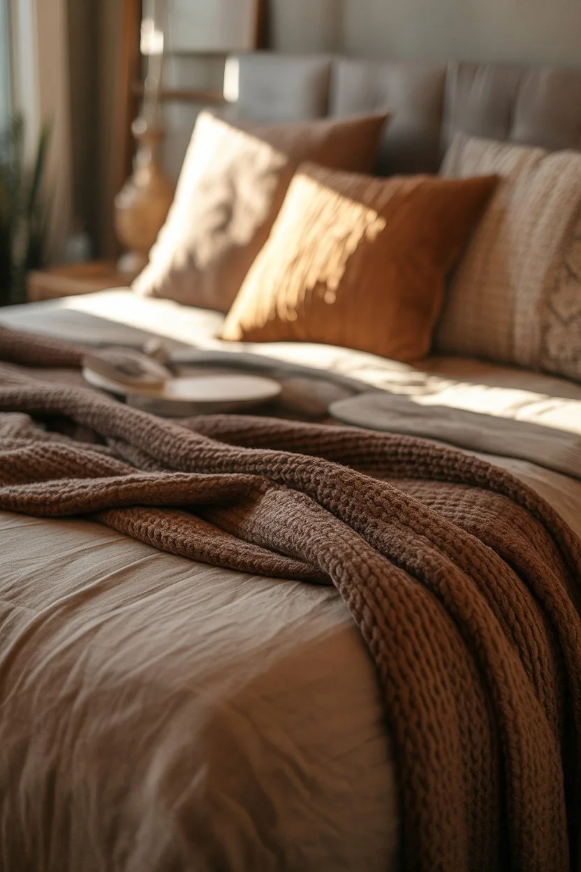 Rustic bohemian bedroom with layered linen bedding and soft textures
