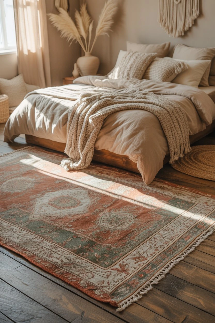 Cozy reading corner in rustic boho bedroom
