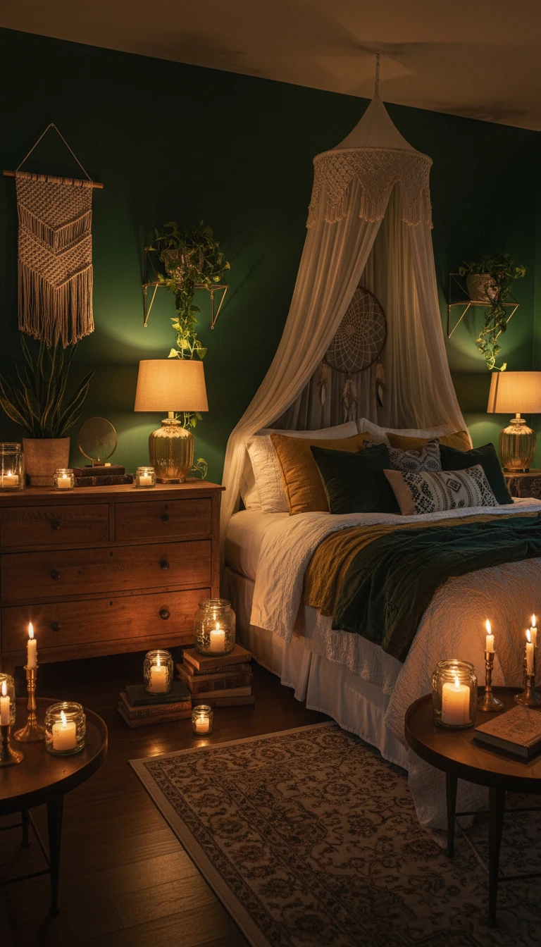 Romantic dark bohemian bedroom with candles and warm lighting
