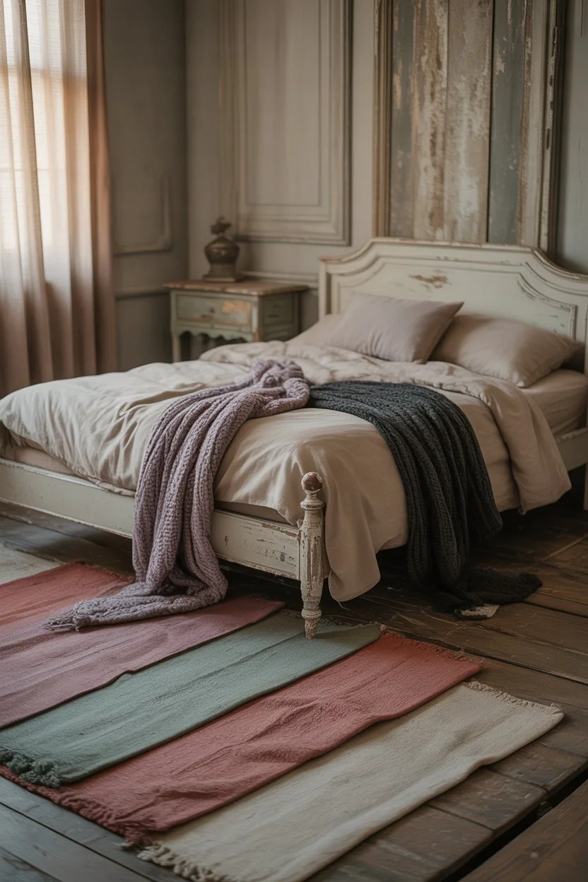 Layered cozy rugs and throws in shabby chic bedroom