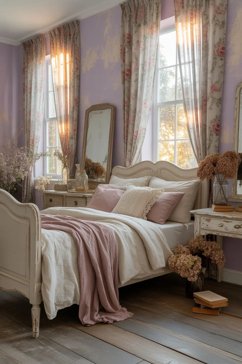 Cozy shabby chic bedroom with pastel walls, antique furniture, and layered textures
