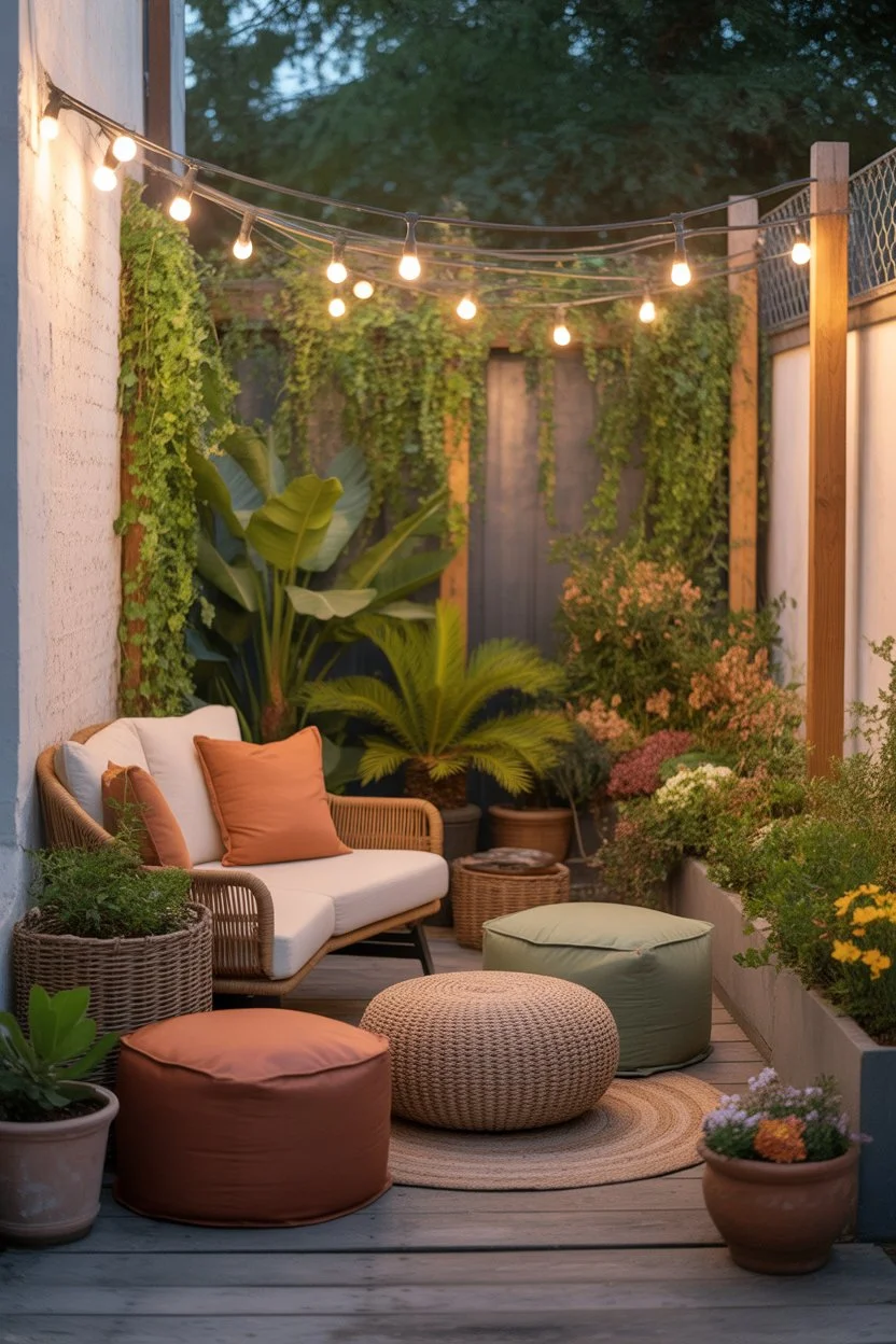 Cozy patio seating corner with cushions and plants.