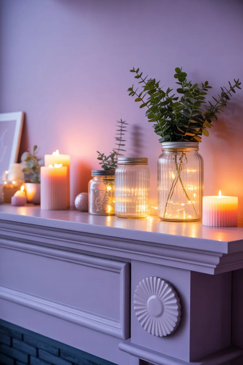 Glass jars with fairy lights on a fireplace mantel