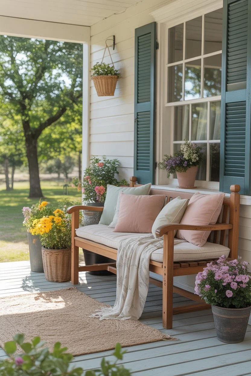 Cozy spring front porch seating with cushions