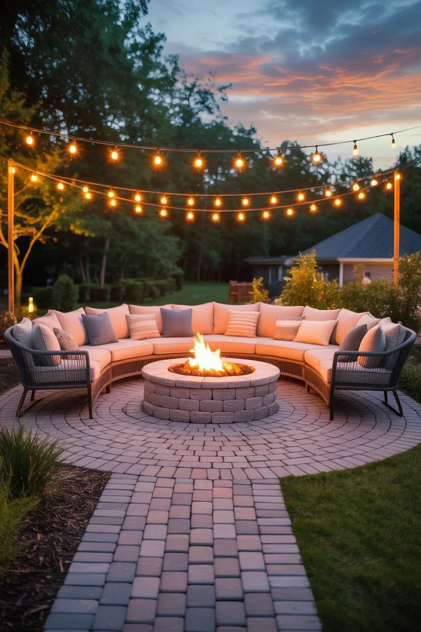 Circular brick paver patio with built-in fire pit and cozy seating area.