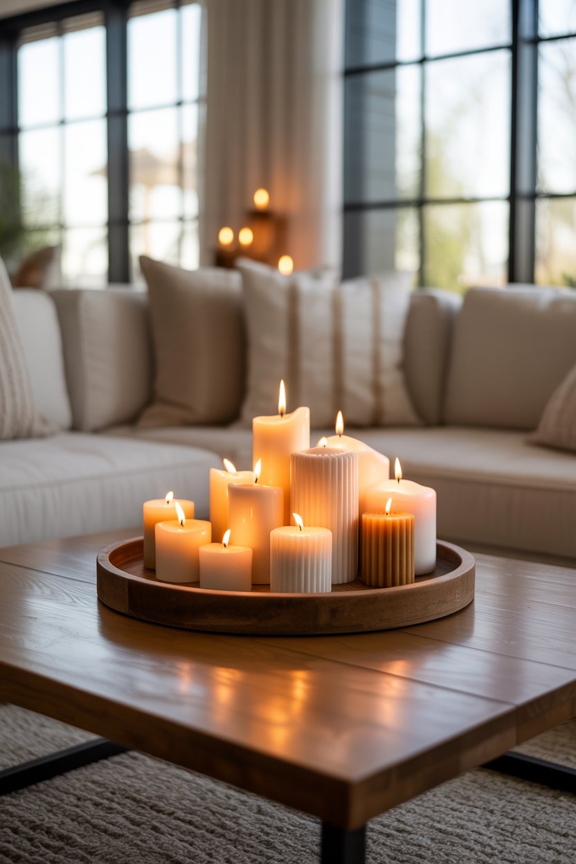 Coffee table with grouped decorative candles