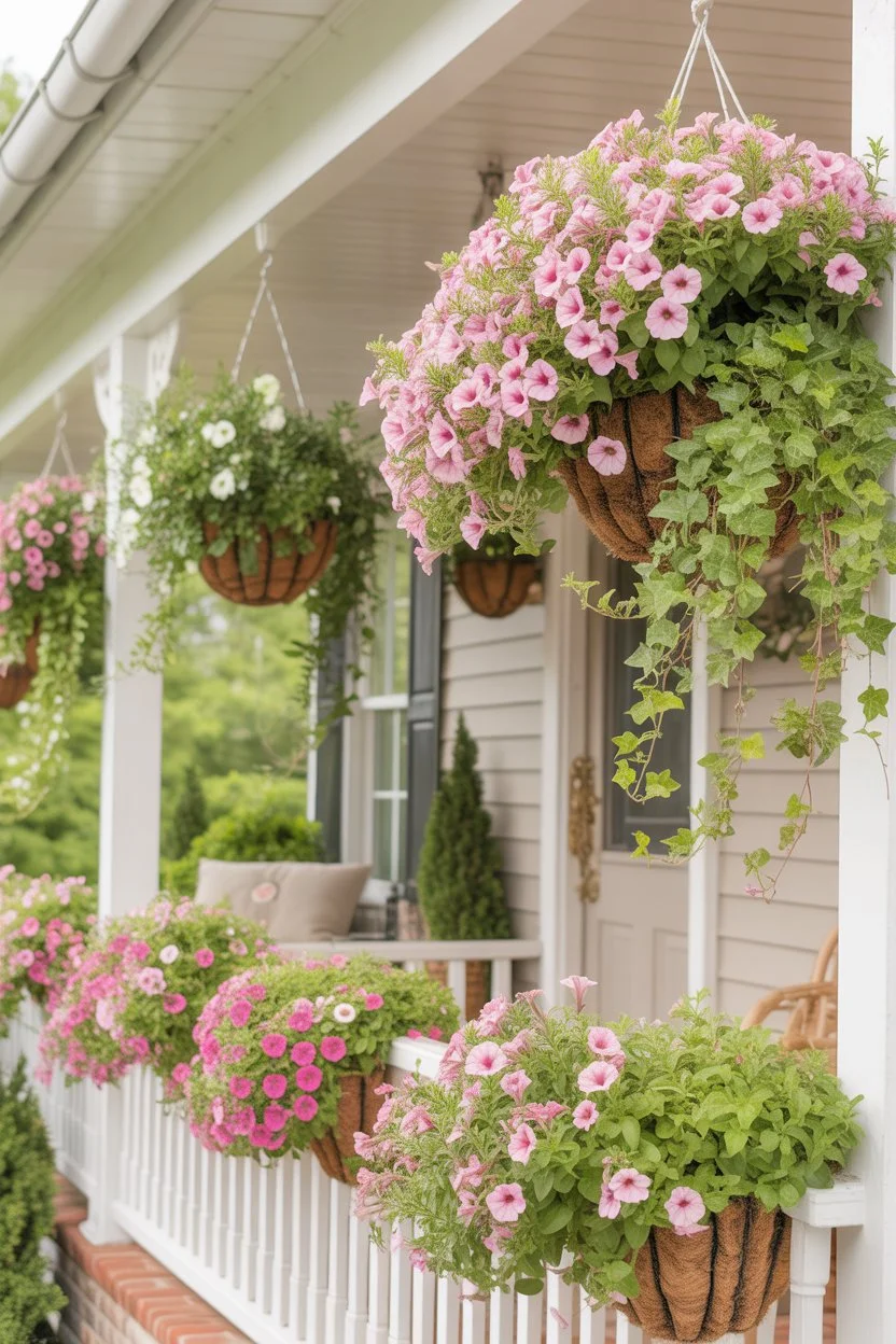 Spring front porch with hanging baskets filled with pink petunias