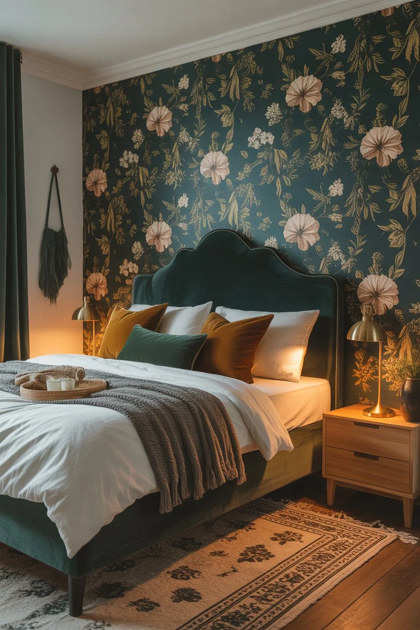 Dark floral wallpaper in romantic boho bedroom