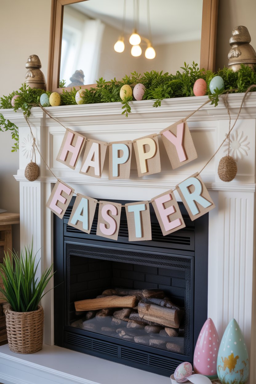 DIY Happy Easter banner above the fireplace mantel with pastel decorations