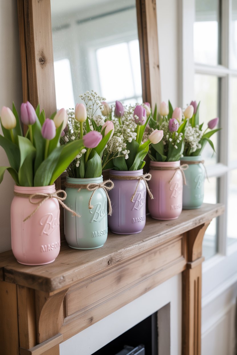 Mason jars with pastel spring flowers arranged on Easter mantel