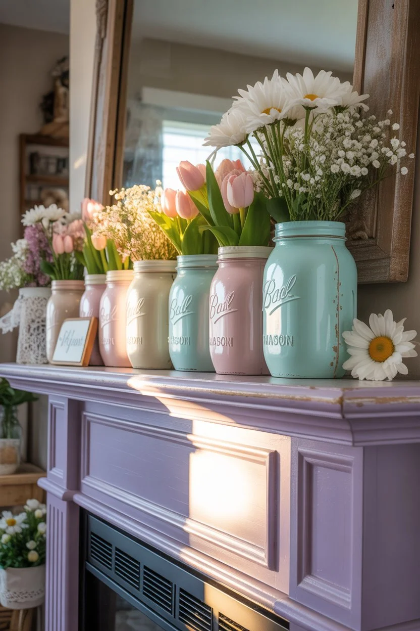 Mason jars painted in pastel colors used as vases on a mantel