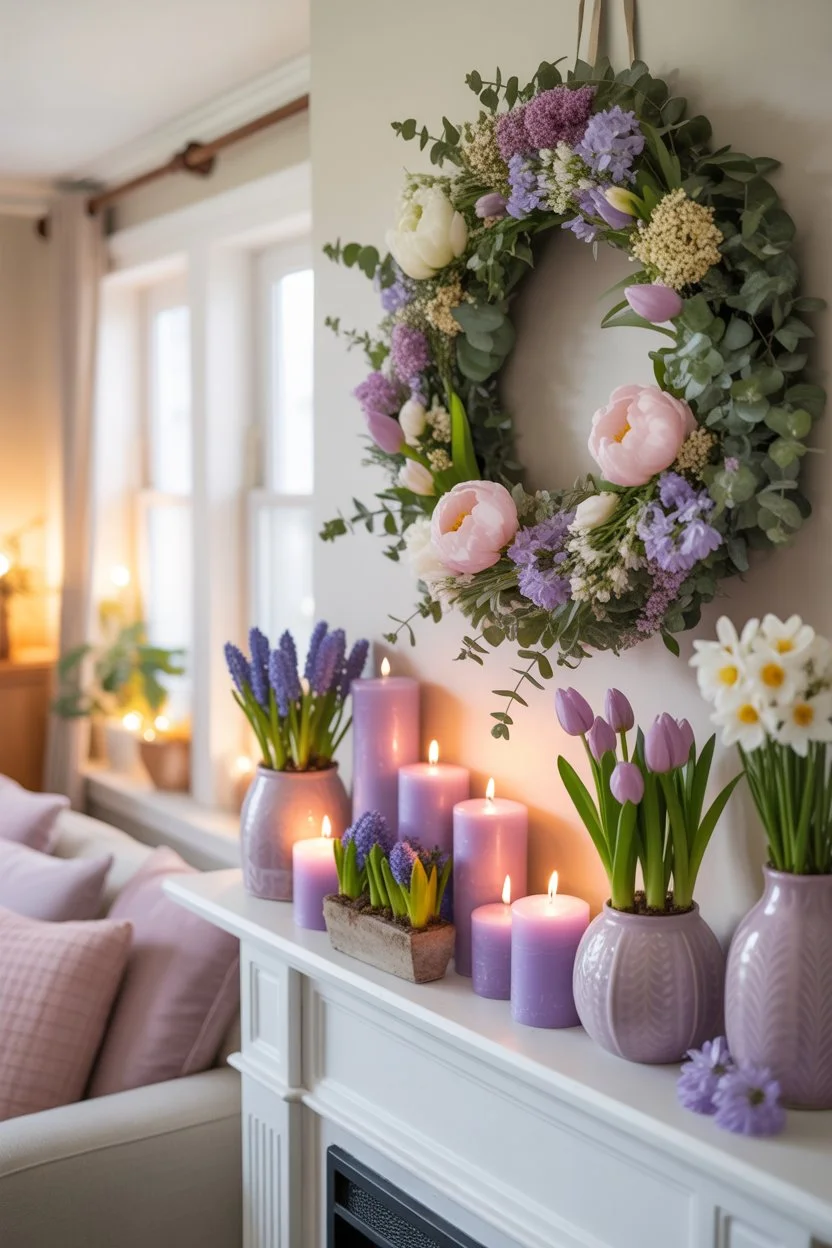 Floral wreath hung above a fireplace mantel