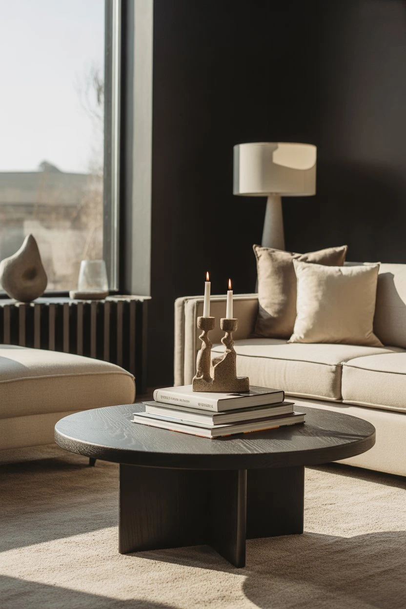 Stack of coffee table books with decorative objects on top