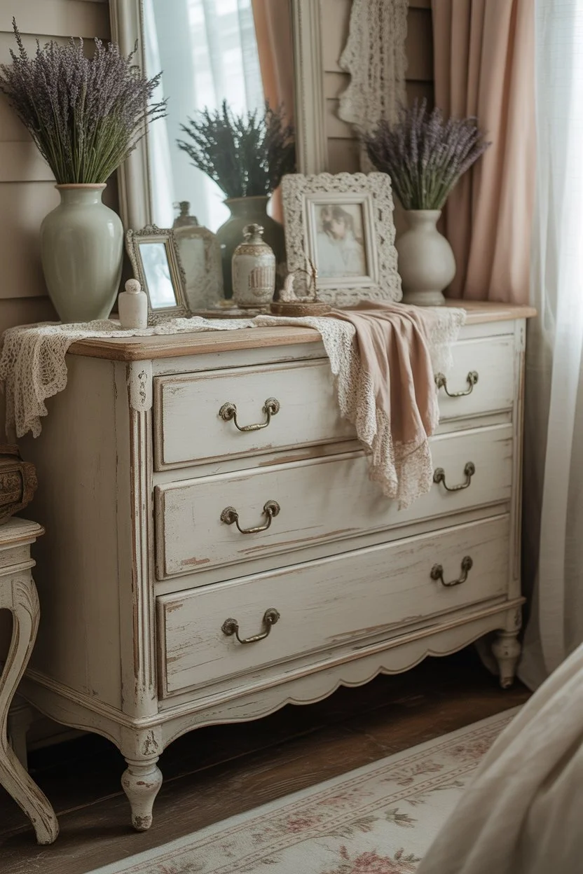 Distressed antique dresser in shabby chic bedroom with pastel decor