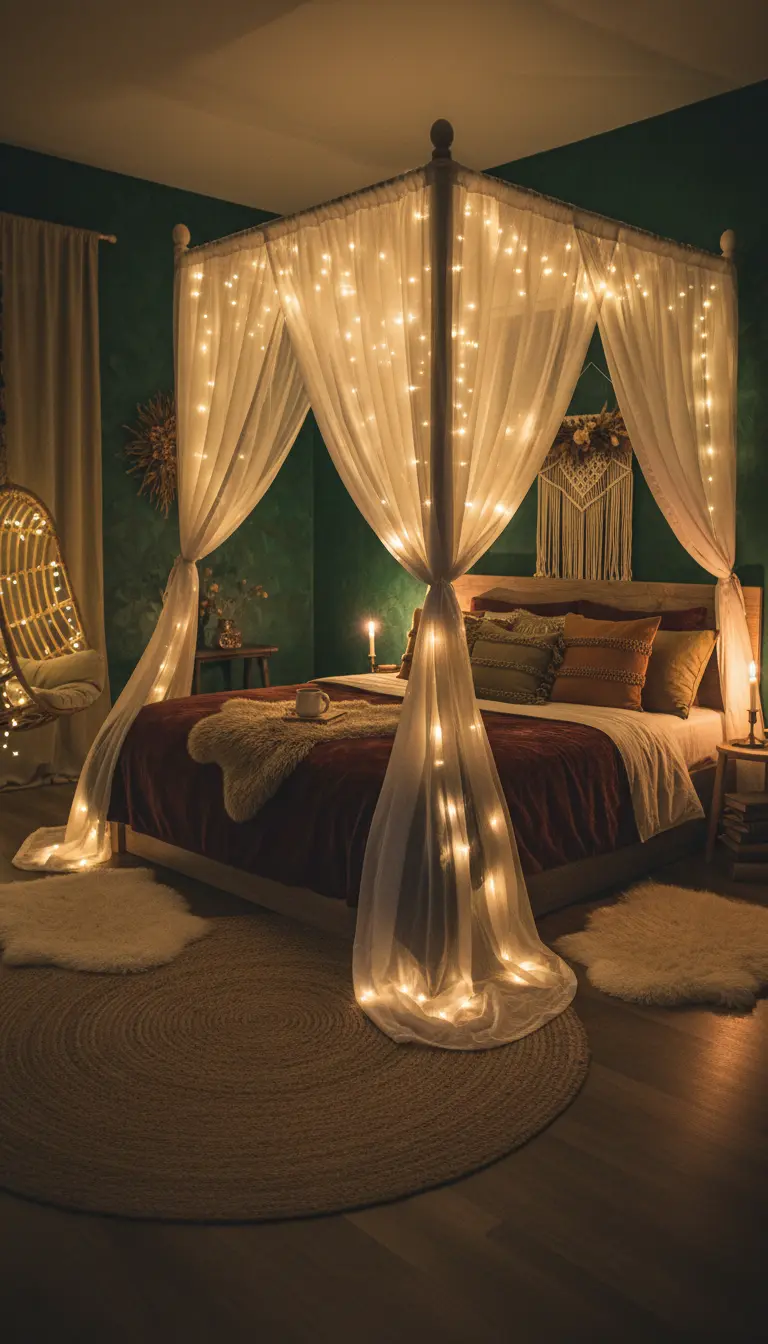 Sheer canopy in dark, romantic boho bedroom