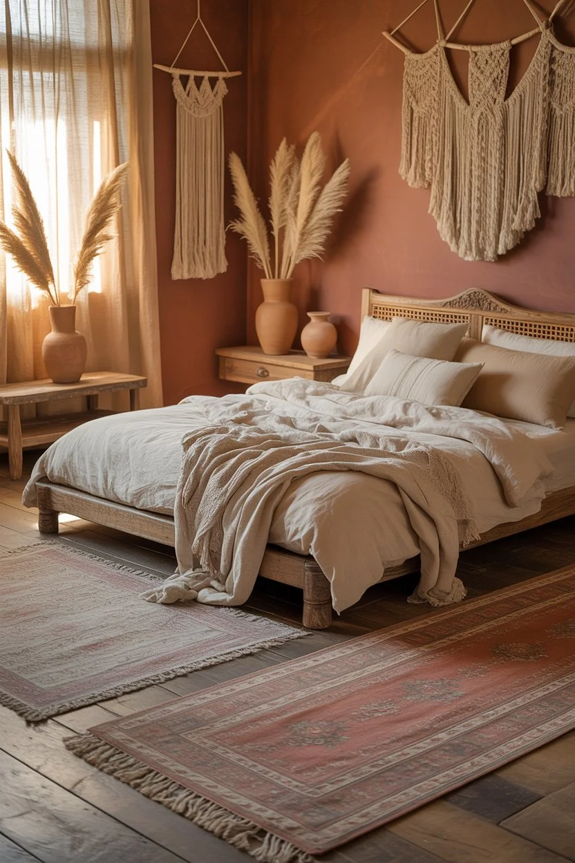 Earthy color palette in a rustic boho bedroom