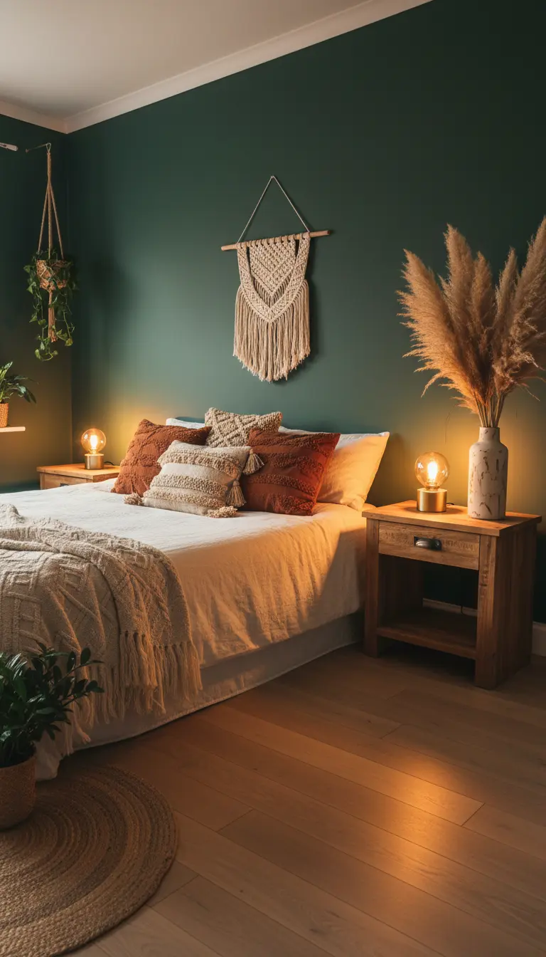 Dark green boho bedroom with terracotta pillows and pampas grass