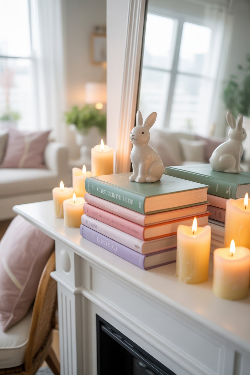 Easter mantel styled with stacked pastel books and small bunny decoration