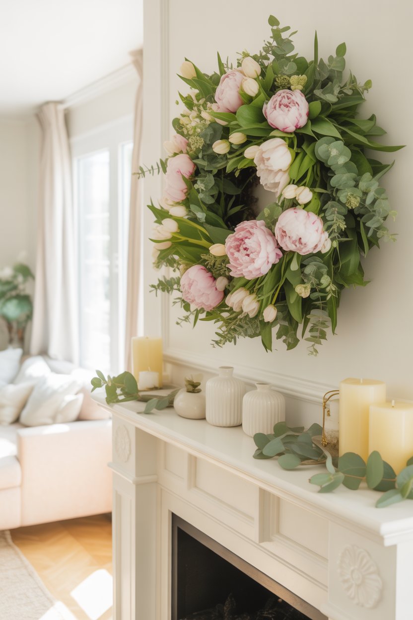 Easter mantel with statement floral wreath above fireplac