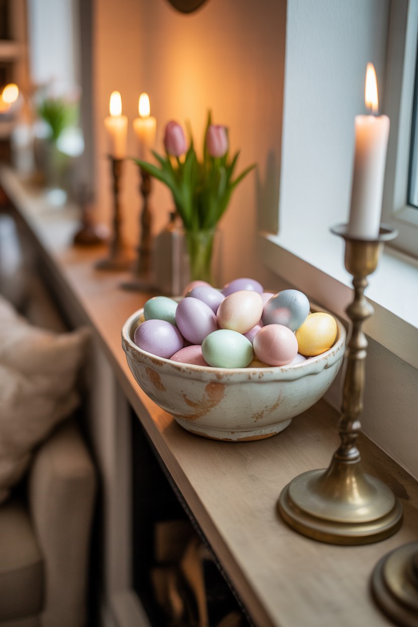Pastel egg bowl centerpiece for small Easter mantel