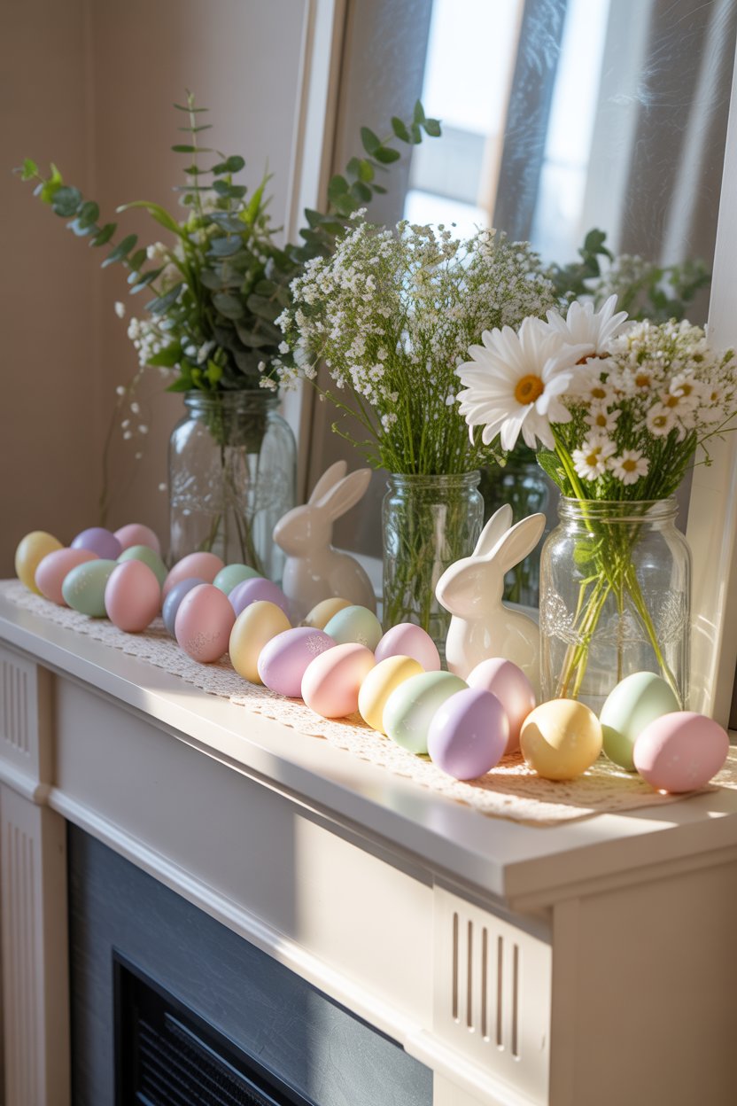 Budget-friendly Easter mantel decor with pastel eggs, jars, and bunny accents.