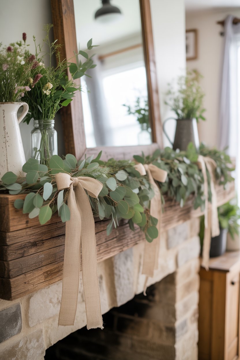 Farmhouse Easter mantel with eucalyptus and burlap garland