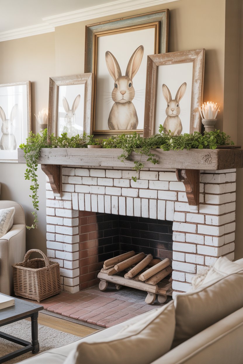 Rustic farmhouse Easter mantel with layered wooden frames and neutral bunny print