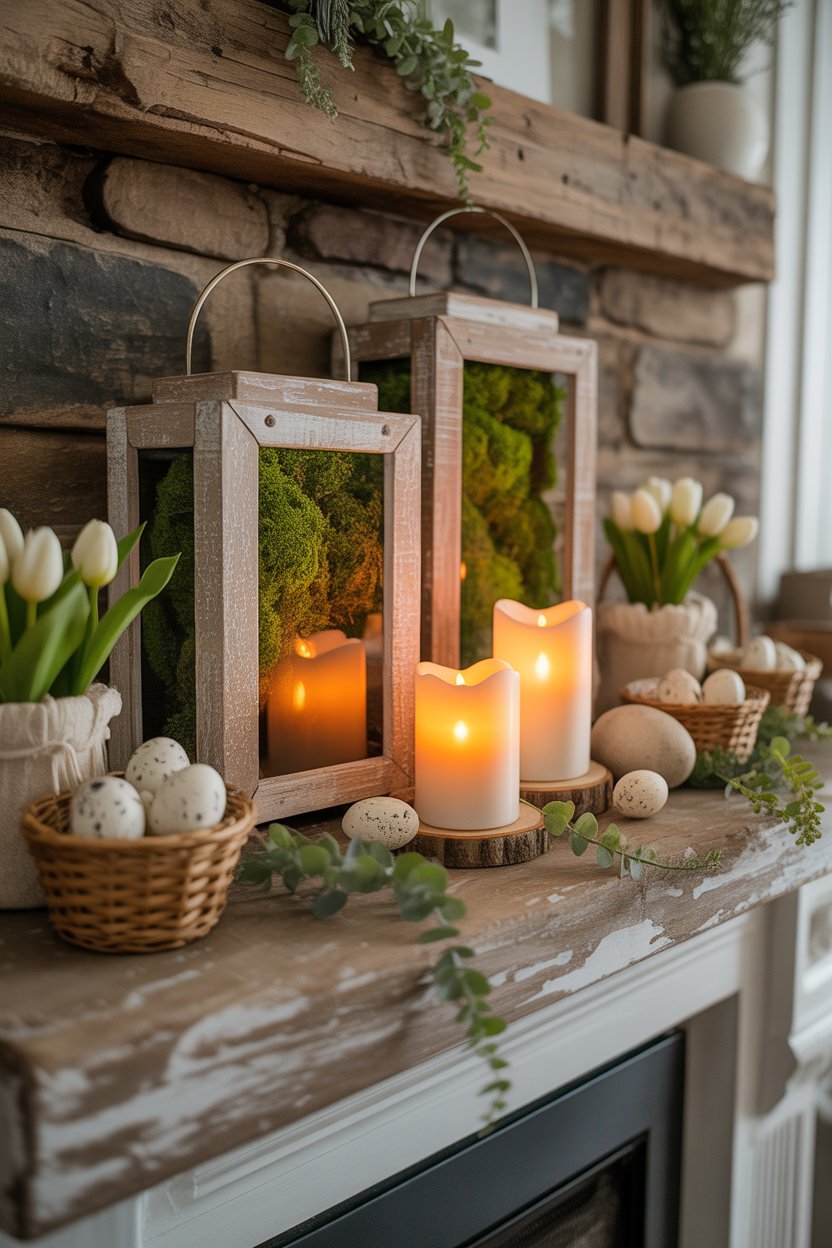 Rustic farmhouse Easter mantel with wooden lanterns and moss