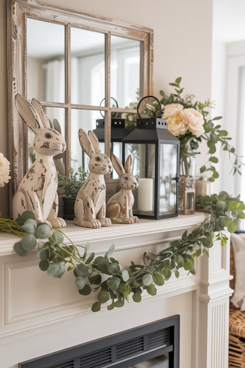 Farmhouse Easter mantel with wooden bunny accents, lanterns, and greenery garland
