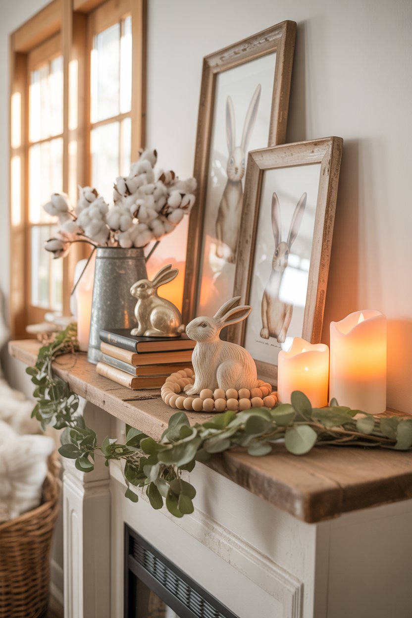 Bright rustic farmhouse living room featuring a beautifully styled Easter fireplace mantel, layered distressed wooden frames with neutral bunny artwork, eucalyptus garland draped naturally across a reclaimed wood mantel, wooden lanterns with warm glowing LED candles, ceramic bunnies on stacked vintage books, galvanized metal pitcher filled with cotton stems, wooden bead garland casually placed, soft beige, cream, and muted sage color palette, cozy spring atmosphere, natural sunlight coming through a window, airy Pinterest photography style, high resolution, realistic textures, vertical 2:3 ratio, professional home decor blog aesthetic. No text overlay. Clean composition. Balanced styling. Warm and inviting mood.