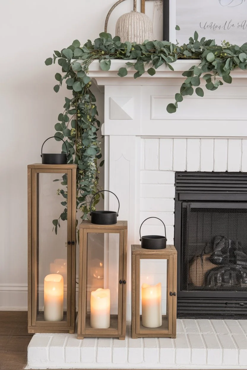 Farmhouse lanterns with greenery on a spring mantel for a cozy and elegant fireplace look.