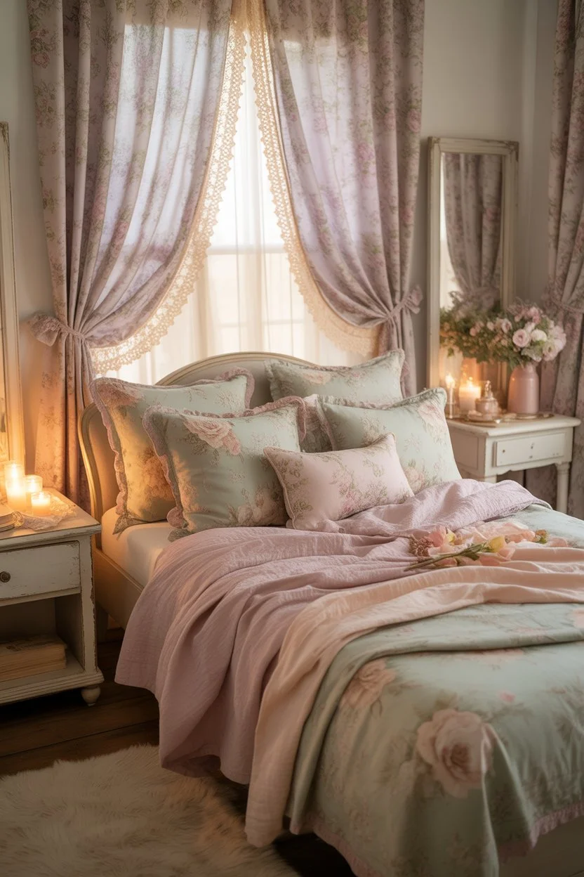 Shabby chic bedroom with floral curtains and pillow covers