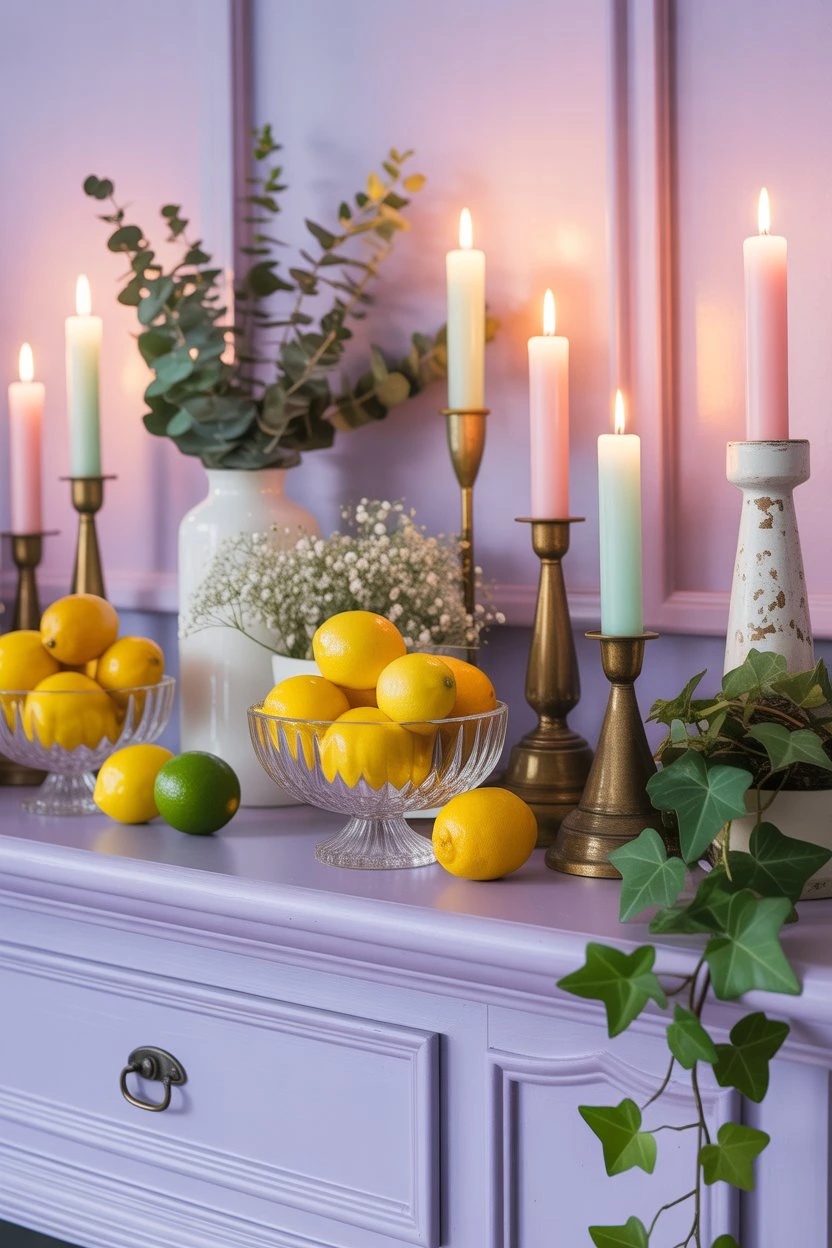 Fireplace mantel with small bowls of lemons and limes