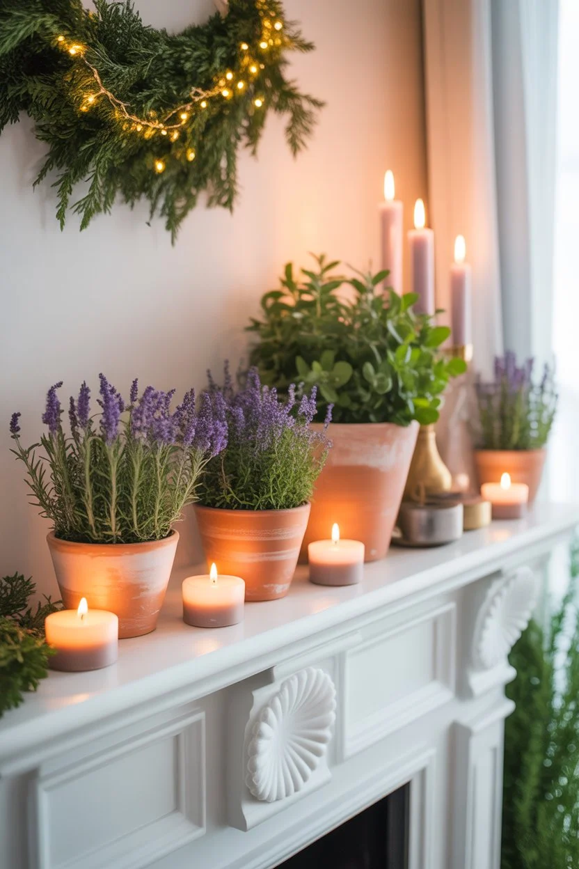 Fireplace mantel with terracotta pots and herbs