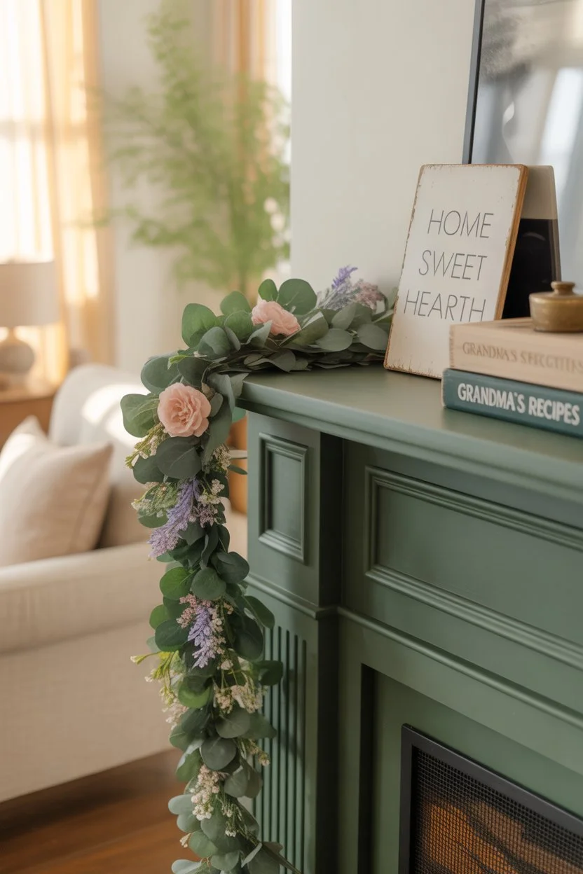Fireplace mantel decorated with eucalyptus garland and small flowers