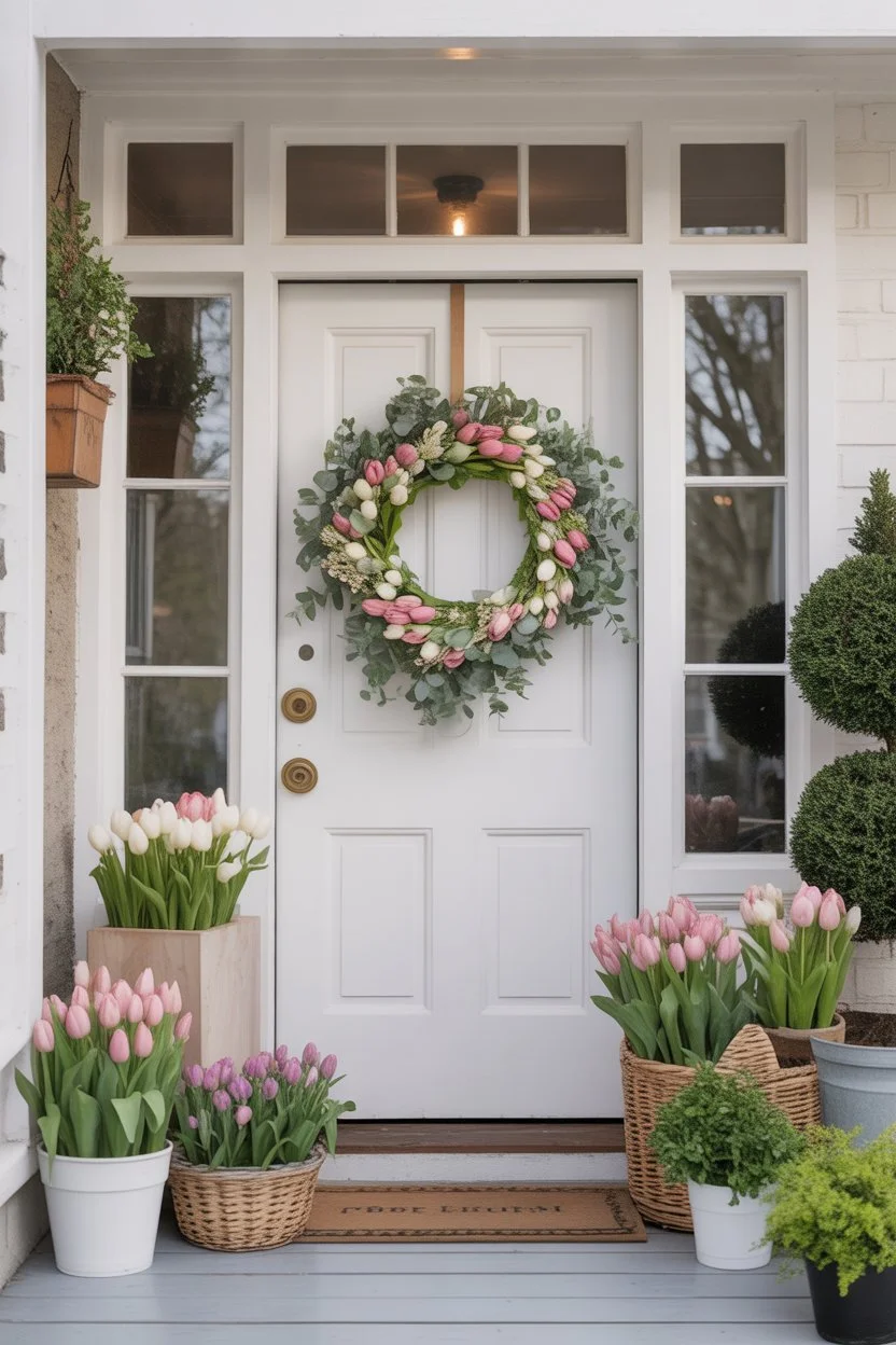 Spring front porch decor with a pastel floral wreath on a white door