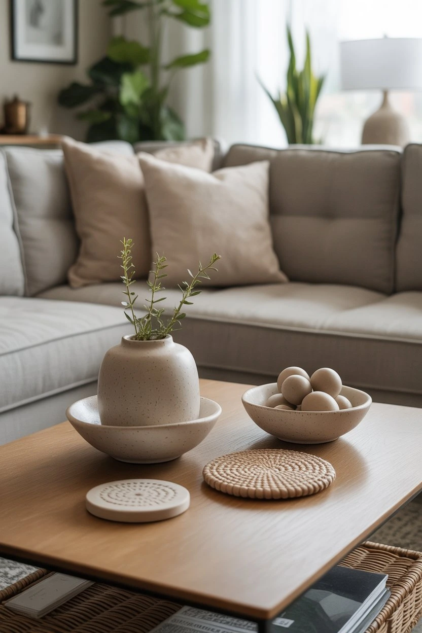 Coffee table with decorative bowls and coasters