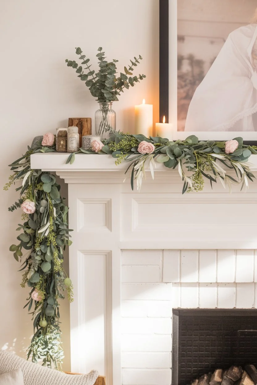 Greenery garland with pastel flowers on a farmhouse spring mantel for a cozy and inviting fireplace look.