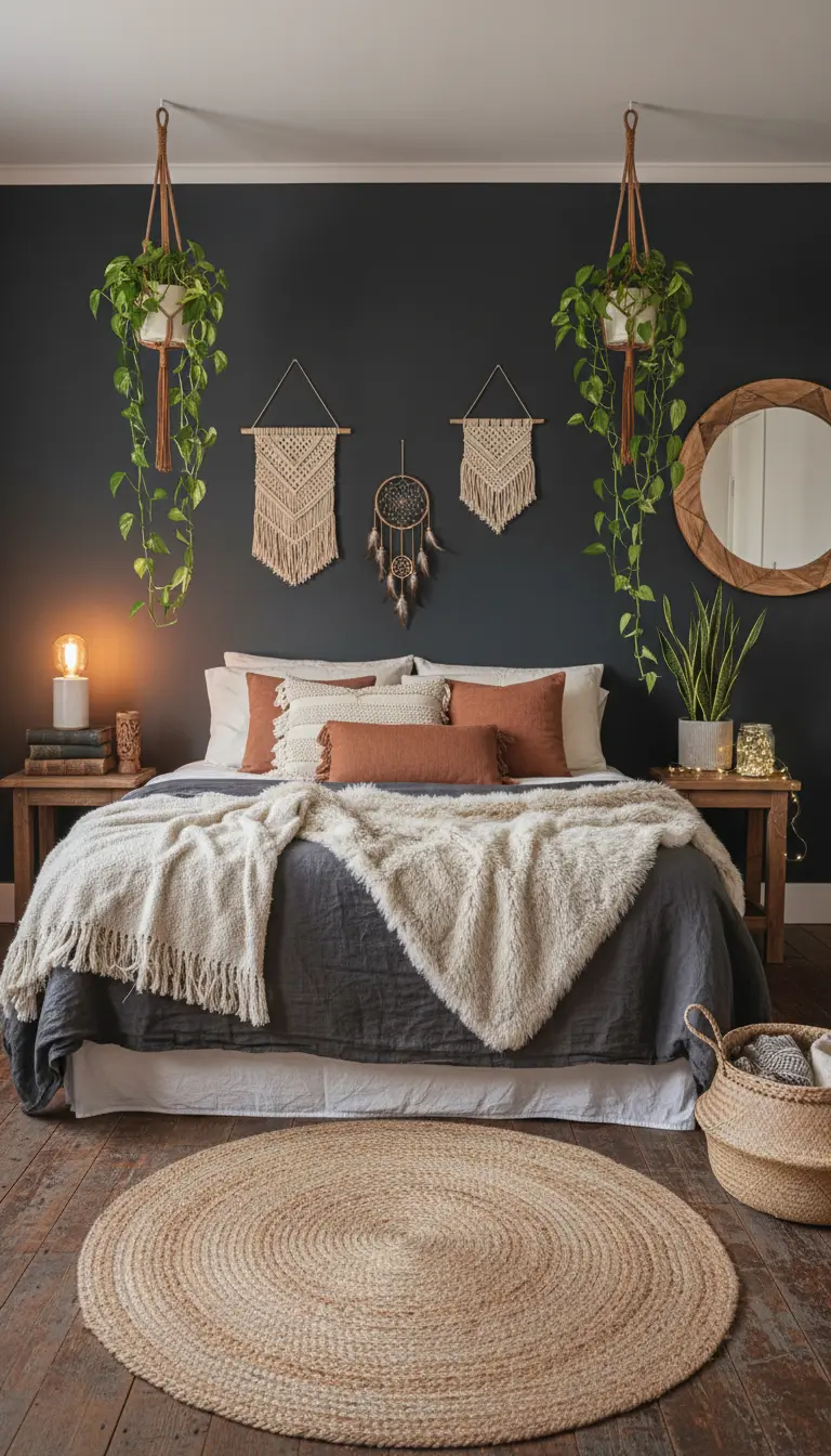 Hanging plants ina  dark, moody boho bedroom