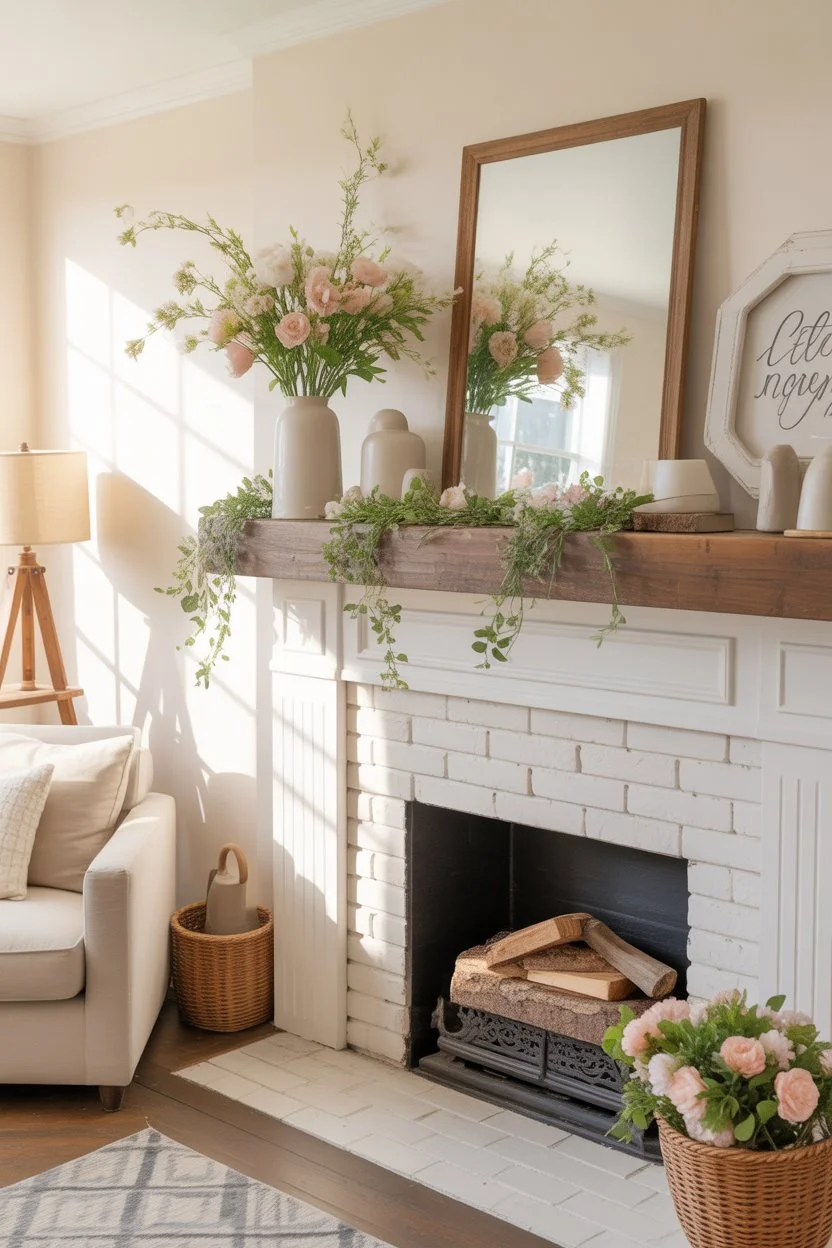 Greenery garland with pastel flowers on a farmhouse spring mantel for a cozy and inviting fireplace look.