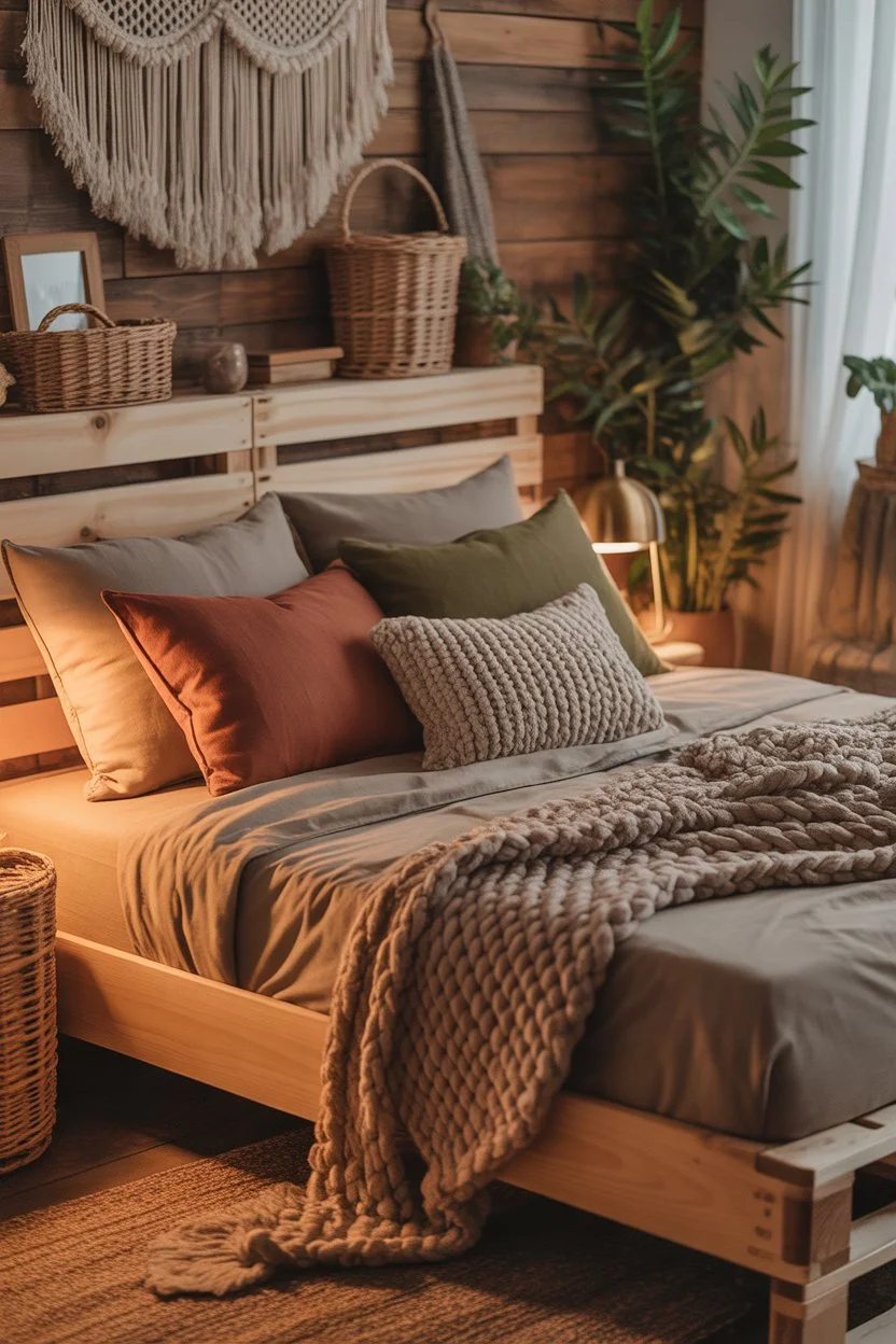 Woven wall decor in rustic bohemian bedroom