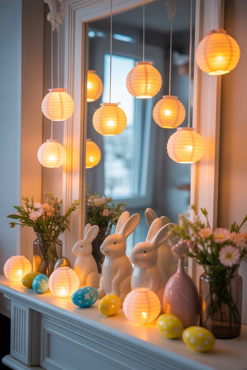 Small hanging lanterns with soft LED lights above a cozy apartment Easter mantel, warm spring atmosphere.
