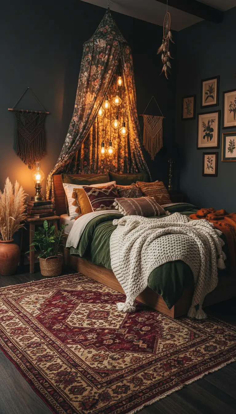 Vintage Persian rug underthe  bed in a dark bohemian bedroom