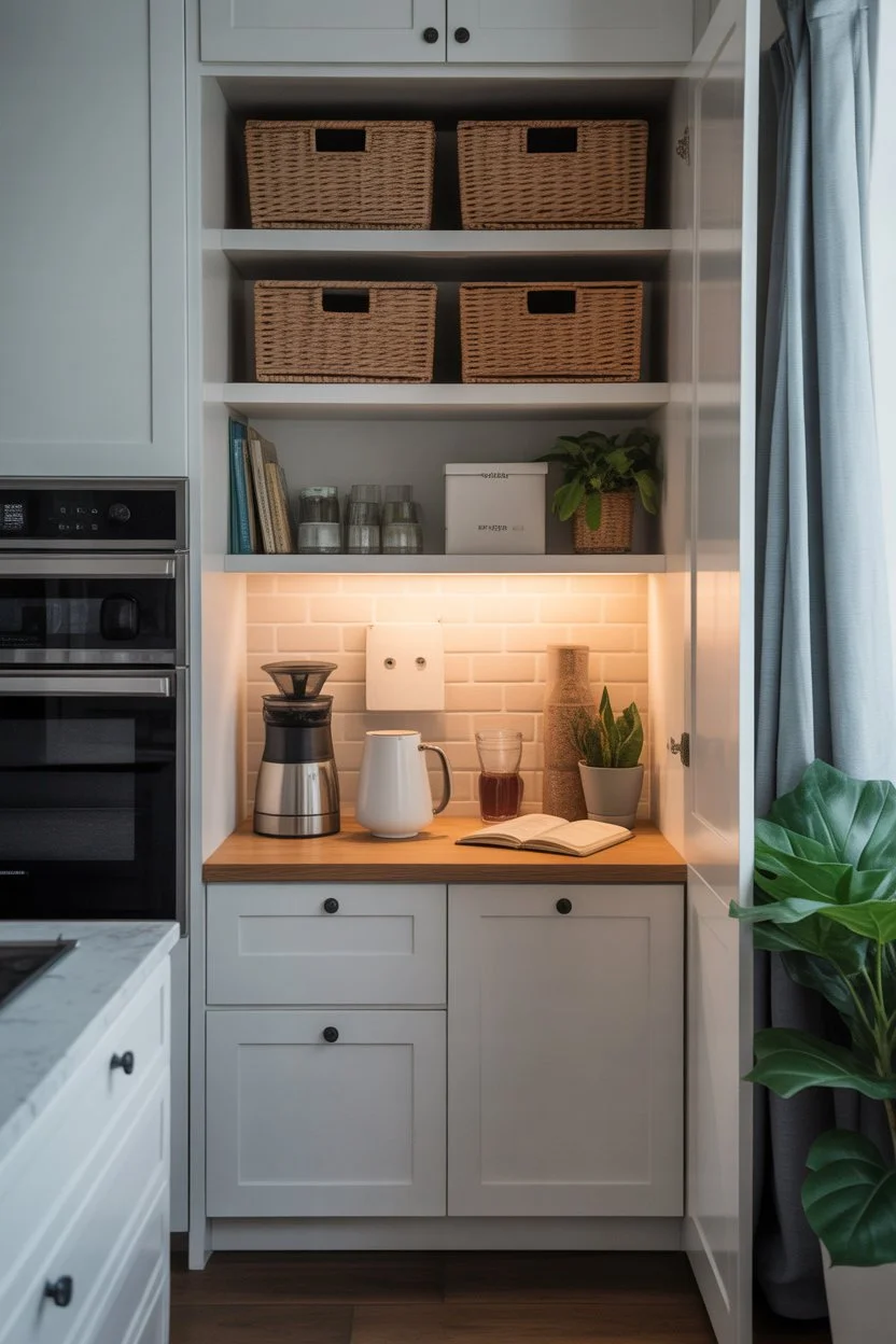 Concealed coffee nook with organized hidden storage