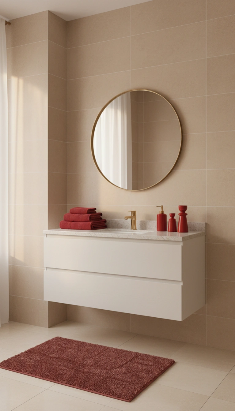 Beige minimalist bathroom with red accents and cozy design