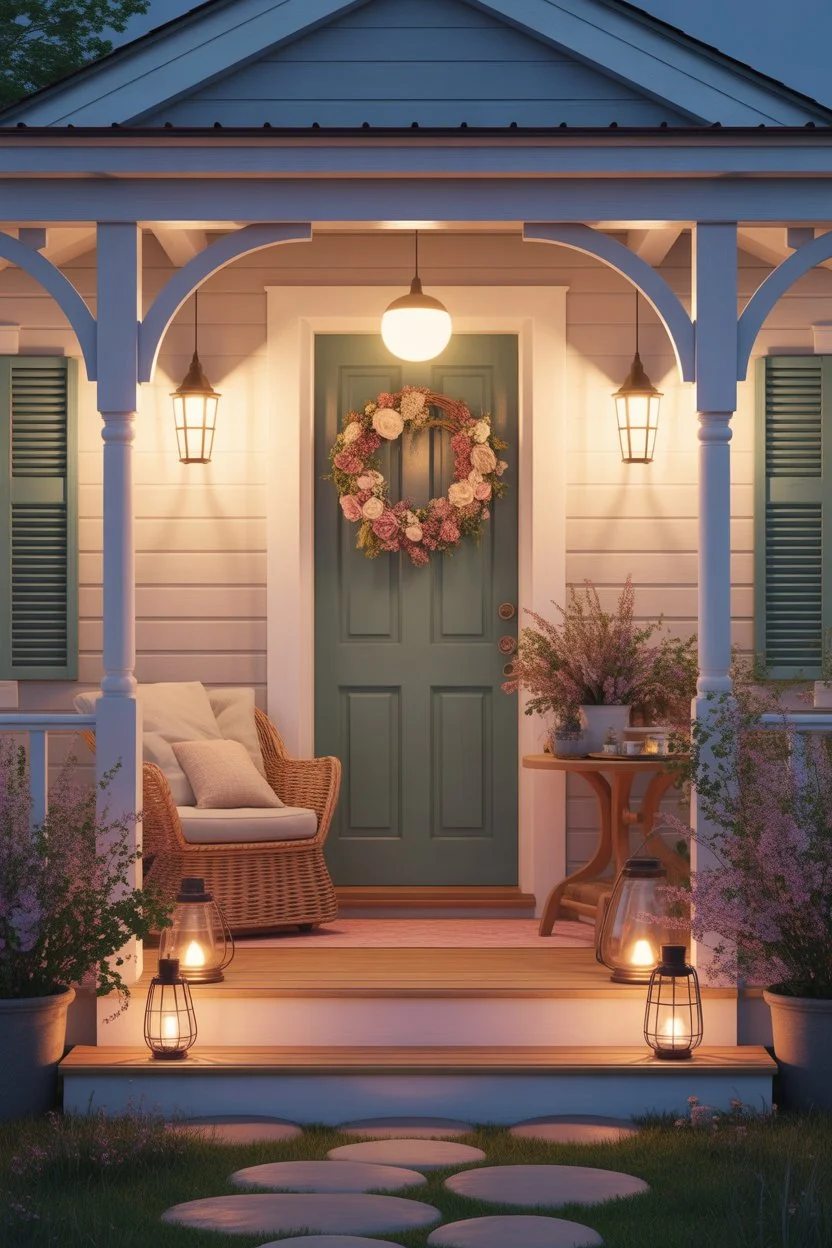 Spring front porch with decorative lanterns glowing